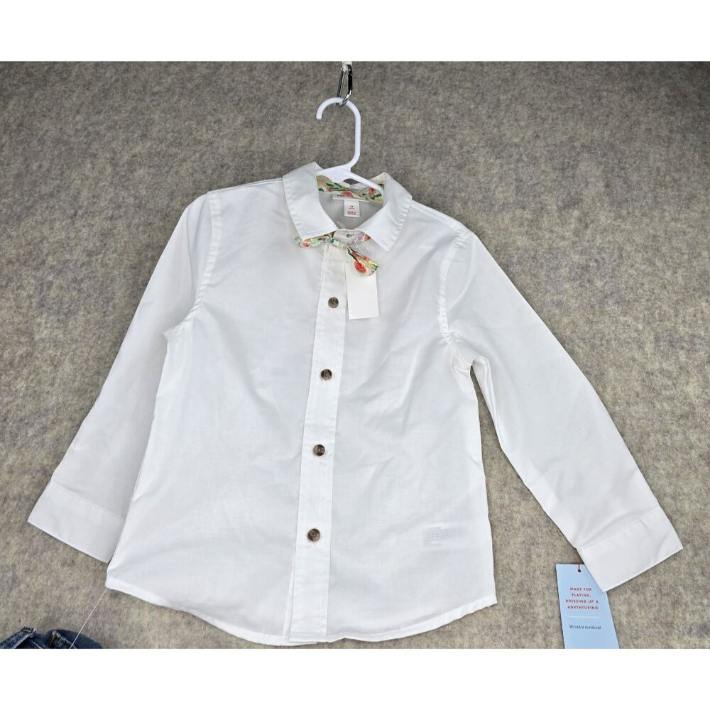 Cat & Jack Boys 4T White Shirt Denim Overalls Floral Bowtie Outfit - Picture 3 of 10